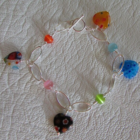 Sterling Silver Glass Beads and Heart Charms Bracelet - NEW - Picture 7 of 10